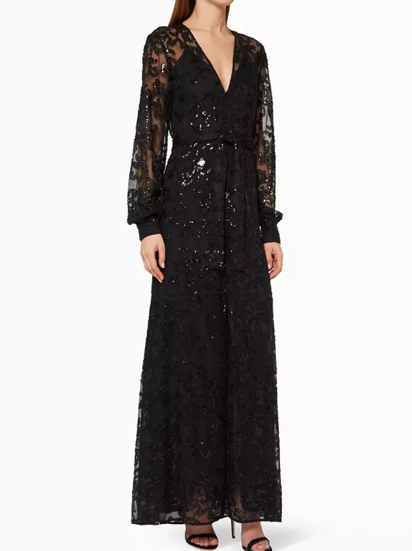Evening Dress A-Line V-Neck Sequined Sash Social Party Dresses