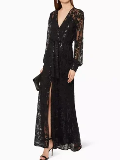 Evening Dress A-Line V-Neck Sequined Sash Social Party Dresses