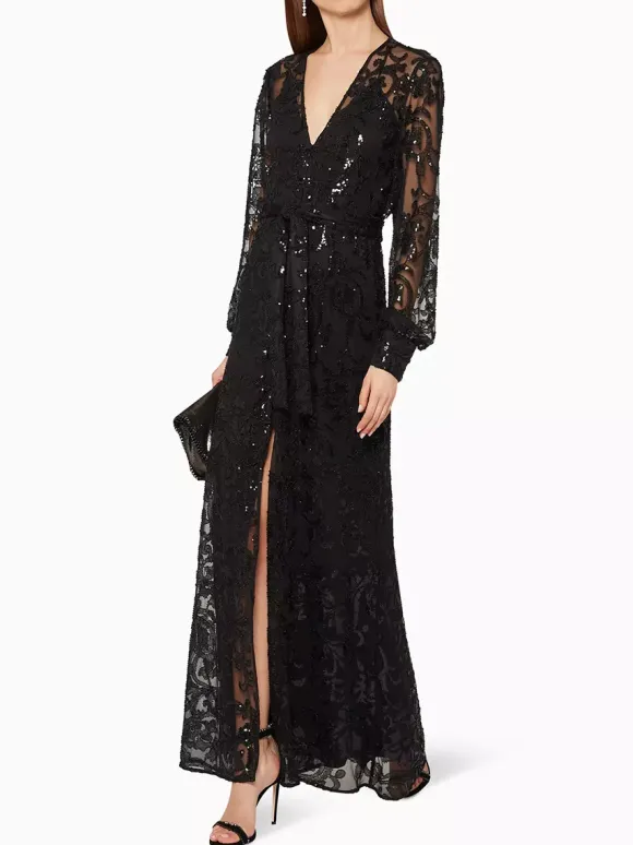 Evening Dress A-Line V-Neck Sequined Sash Social Party Dresses