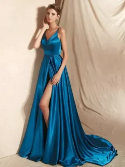 Evening Dress A-Line V-Neck Satin Fabric With Train Split Front Social Party Dresses