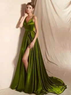 Evening Dress A-Line V-Neck Satin Fabric With Train Split Front Social Party Dresses