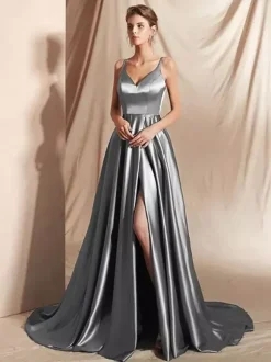 Evening Dress A-Line V-Neck Satin Fabric With Train Split Front Social Party Dresses
