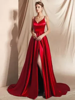 Evening Dress A-Line V-Neck Satin Fabric With Train Split Front Social Party Dresses