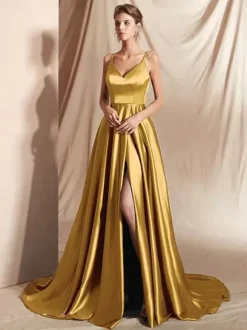 Evening Dress A-Line V-Neck Satin Fabric With Train Split Front Social Party Dresses