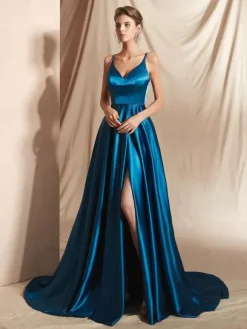 Evening Dress A-Line V-Neck Satin Fabric With Train Split Front Social Party Dresses