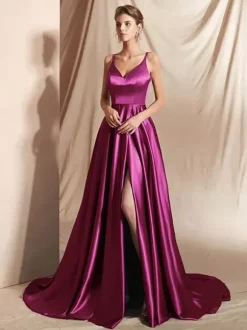 Evening Dress A-Line V-Neck Satin Fabric With Train Split Front Social Party Dresses
