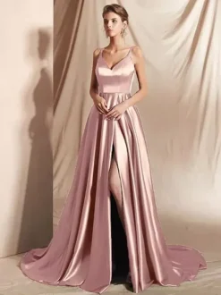 Evening Dress A-Line V-Neck Satin Fabric With Train Split Front Social Party Dresses