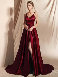 Evening Dress A-Line V-Neck Satin Fabric With Train Split Front Social Party Dresses