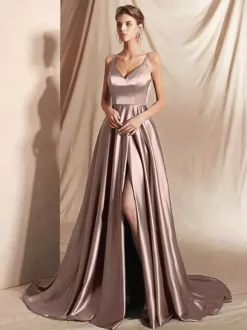 Evening Dress A-Line V-Neck Satin Fabric With Train Split Front Social Party Dresses