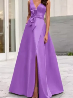 Evening Dress A-Line V-Neck Satin Fabric Floor-Length Bows Formal Dinner Dresses