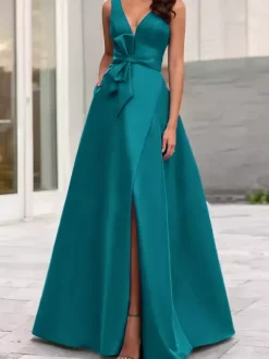 Evening Dress A-Line V-Neck Satin Fabric Floor-Length Bows Formal Dinner Dresses