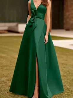 Evening Dress A-Line V-Neck Satin Fabric Floor-Length Bows Formal Dinner Dresses