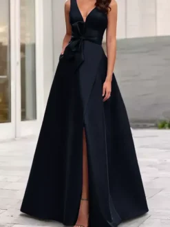 Evening Dress A-Line V-Neck Satin Fabric Floor-Length Bows Formal Dinner Dresses