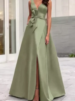 Evening Dress A-Line V-Neck Satin Fabric Floor-Length Bows Formal Dinner Dresses