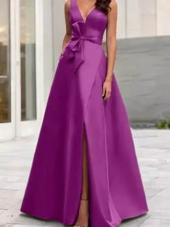 Evening Dress A-Line V-Neck Satin Fabric Floor-Length Bows Formal Dinner Dresses