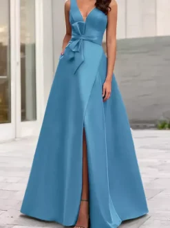 Evening Dress A-Line V-Neck Satin Fabric Floor-Length Bows Formal Dinner Dresses