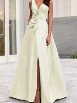 Evening Dress A-Line V-Neck Satin Fabric Floor-Length Bows Formal Dinner Dresses
