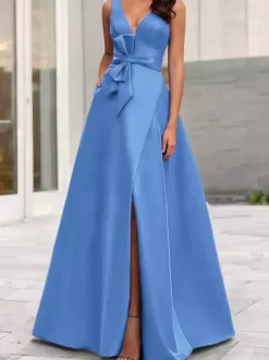 Evening Dress A-Line V-Neck Satin Fabric Floor-Length Bows Formal Dinner Dresses