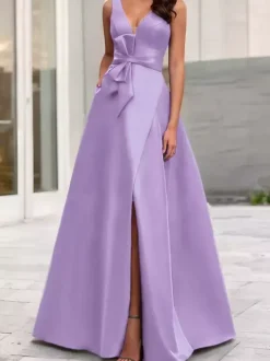 Evening Dress A-Line V-Neck Satin Fabric Floor-Length Bows Formal Dinner Dresses