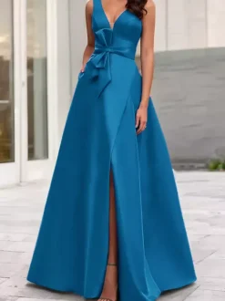 Evening Dress A-Line V-Neck Satin Fabric Floor-Length Bows Formal Dinner Dresses