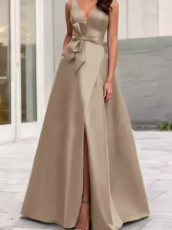Evening Dress A-Line V-Neck Satin Fabric Floor-Length Bows Formal Dinner Dresses