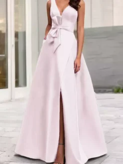 Evening Dress A-Line V-Neck Satin Fabric Floor-Length Bows Formal Dinner Dresses