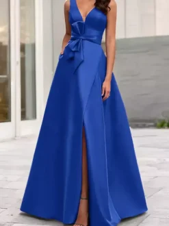 Evening Dress A-Line V-Neck Satin Fabric Floor-Length Bows Formal Dinner Dresses