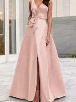 Evening Dress A-Line V-Neck Satin Fabric Floor-Length Bows Formal Dinner Dresses