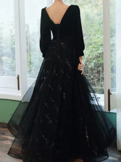Evening Dress A-Line V-Neck Floor-Length Long Sleeves Lace-up Lace Formal Dinner Dresses