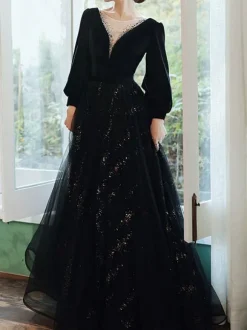 Evening Dress A-Line V-Neck Floor-Length Long Sleeves Lace-up Lace Formal Dinner Dresses