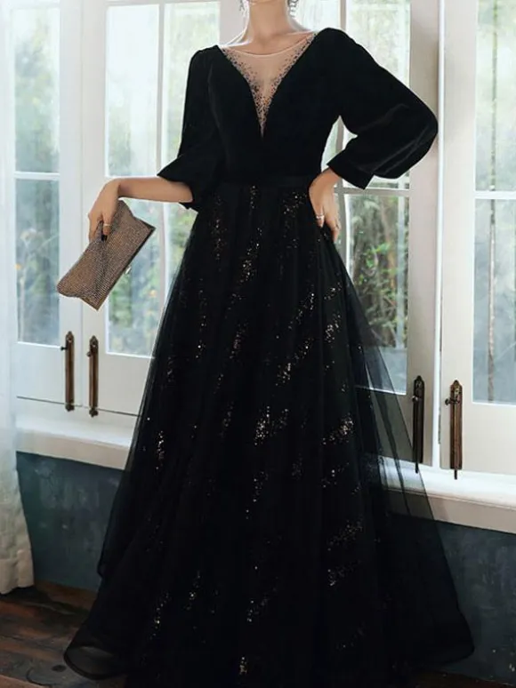 Evening Dress A-Line V-Neck Floor-Length Long Sleeves Lace-up Lace Formal Dinner Dresses