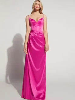 Evening Dress A-Line V-Neck Floor-Length Sleeveless Zipper Elastic Silk Like Satin Formal Party Dresses Free Customization