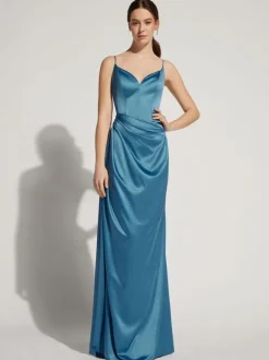 Evening Dress A-Line V-Neck Floor-Length Sleeveless Zipper Elastic Silk Like Satin Formal Party Dresses Free Customization