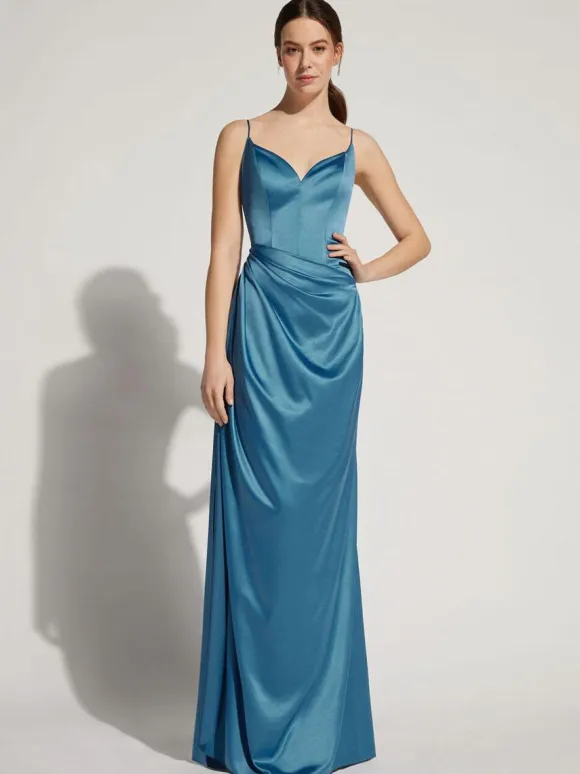 Evening Dress A-Line V-Neck Floor-Length Sleeveless Zipper Elastic Silk Like Satin Formal Party Dresses Free Customization