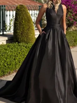 Evening Dress A-Line V-Neck Satin Fabric With Train Pockets Formal Party Dresses