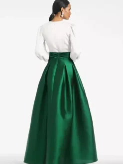 Evening Dress A-Line V-Neck Floor-Length Long Sleeves Zipper Pleated Satin Fabric Formal Party Dresses