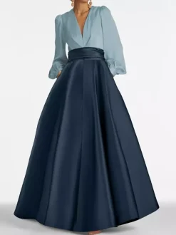 Evening Dress A-Line V-Neck Floor-Length Long Sleeves Zipper Pleated Satin Fabric Formal Party Dresses