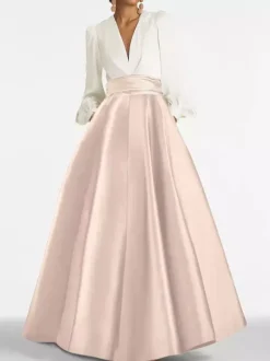 Evening Dress A-Line V-Neck Floor-Length Long Sleeves Zipper Pleated Satin Fabric Formal Party Dresses