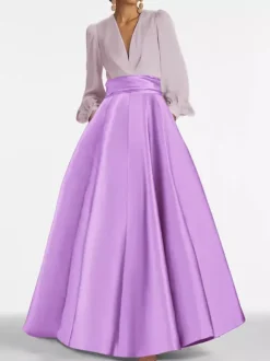 Evening Dress A-Line V-Neck Floor-Length Long Sleeves Zipper Pleated Satin Fabric Formal Party Dresses
