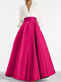 Evening Dress A-Line V-Neck Floor-Length Long Sleeves Zipper Pleated Satin Fabric Formal Party Dresses