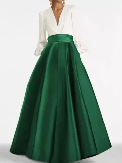 Evening Dress A-Line V-Neck Floor-Length Long Sleeves Zipper Pleated Satin Fabric Formal Party Dresses