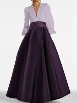 Evening Dress A-Line V-Neck Floor-Length Long Sleeves Zipper Pleated Satin Fabric Formal Party Dresses