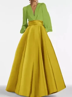 Evening Dress A-Line V-Neck Floor-Length Long Sleeves Zipper Pleated Satin Fabric Formal Party Dresses