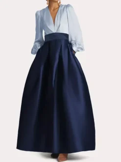 Evening Dress A-Line V-Neck Floor-Length Long Sleeves Zipper Pleated Satin Fabric Formal Party Dresses