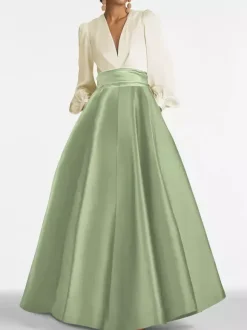 Evening Dress A-Line V-Neck Floor-Length Long Sleeves Zipper Pleated Satin Fabric Formal Party Dresses