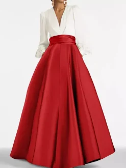 Evening Dress A-Line V-Neck Floor-Length Long Sleeves Zipper Pleated Satin Fabric Formal Party Dresses