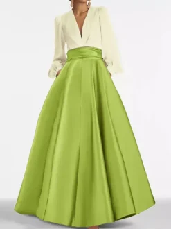 Evening Dress A-Line V-Neck Floor-Length Long Sleeves Zipper Pleated Satin Fabric Formal Party Dresses