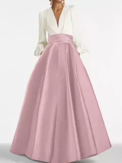 Evening Dress A-Line V-Neck Floor-Length Long Sleeves Zipper Pleated Satin Fabric Formal Party Dresses
