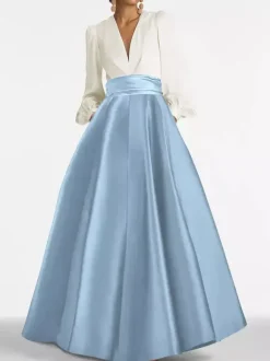 Evening Dress A-Line V-Neck Floor-Length Long Sleeves Zipper Pleated Satin Fabric Formal Party Dresses