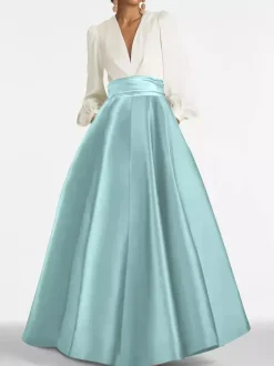 Evening Dress A-Line V-Neck Floor-Length Long Sleeves Zipper Pleated Satin Fabric Formal Party Dresses